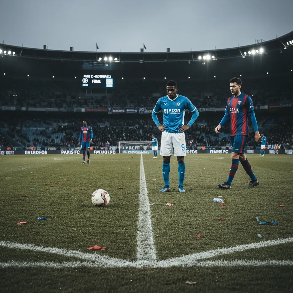 Jogadores do Olympique de Marseille em campo contra o Paris FC, com semblante de frustração após o empate.