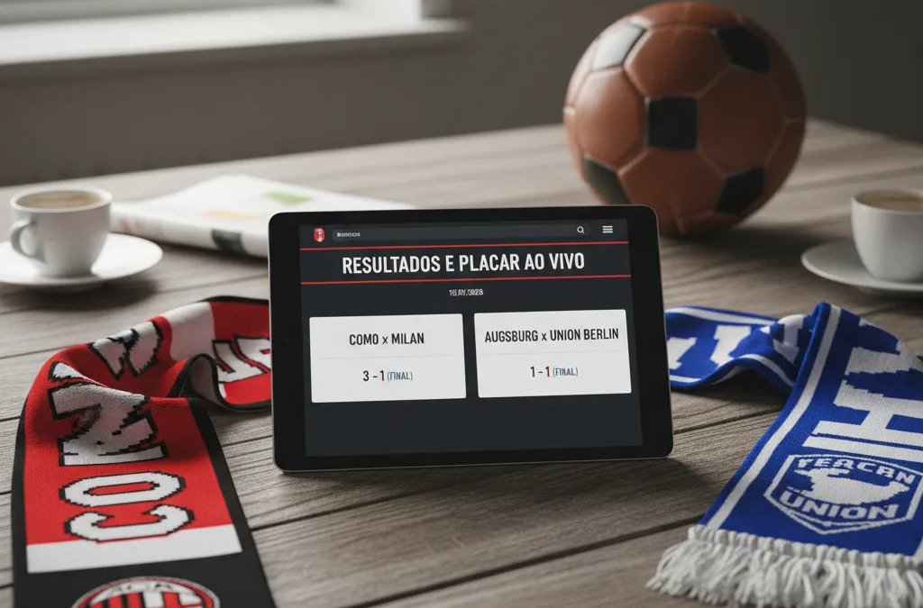 Placar ao vivo: tela com logos de Como, Milan, Augsburg e Union Berlin, exibindo resultados de hoje.