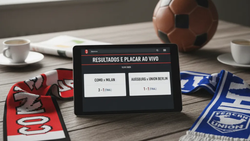 Placar ao vivo: tela com logos de Como, Milan, Augsburg e Union Berlin, exibindo resultados de hoje.