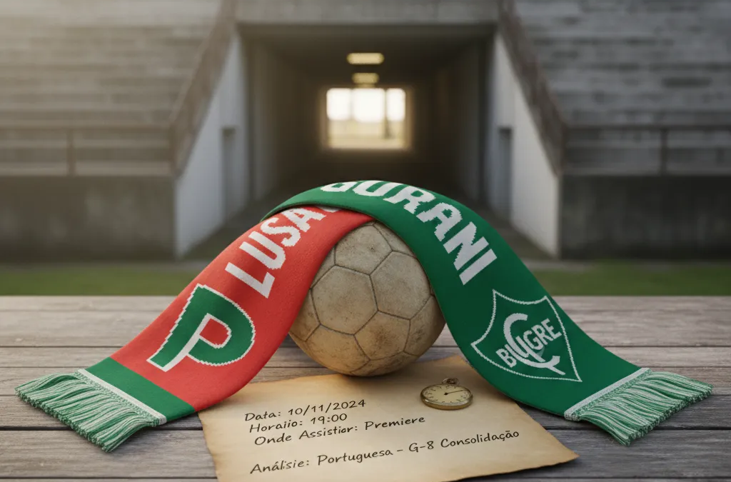 Atletas da Portuguesa e do Guarani em disputa acirrada pela bola no gramado, em jogo do Paulistão.