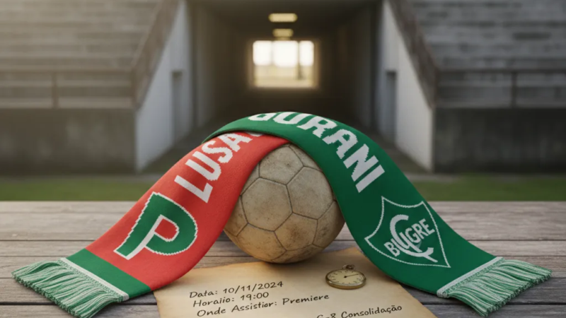 Atletas da Portuguesa e do Guarani em disputa acirrada pela bola no gramado, em jogo do Paulistão.