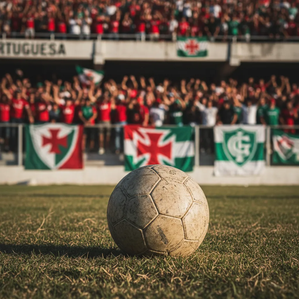 Jogadores de Portuguesa e Guarani em campo, com seus uniformes tradicionais, disputando a bola em uma partida de futebol paulista.