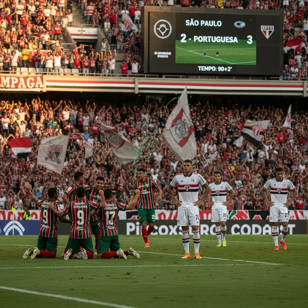 Jogadores do São Paulo e Portuguesa em lance de ataque no Morumbis pelo Campeonato Paulista 2026.