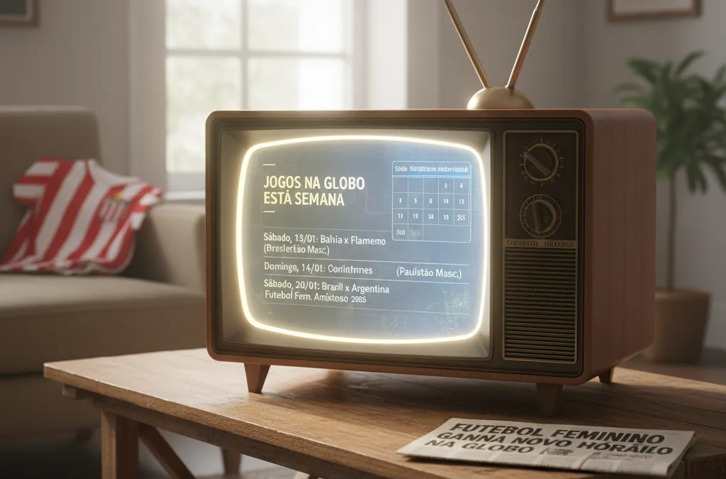 Tela de TV transmitindo um vibrante jogo de futebol da Globo, com um controle remoto em primeiro plano.