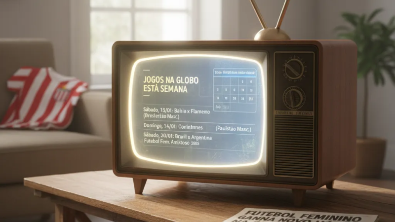 Tela de TV transmitindo um vibrante jogo de futebol da Globo, com um controle remoto em primeiro plano.