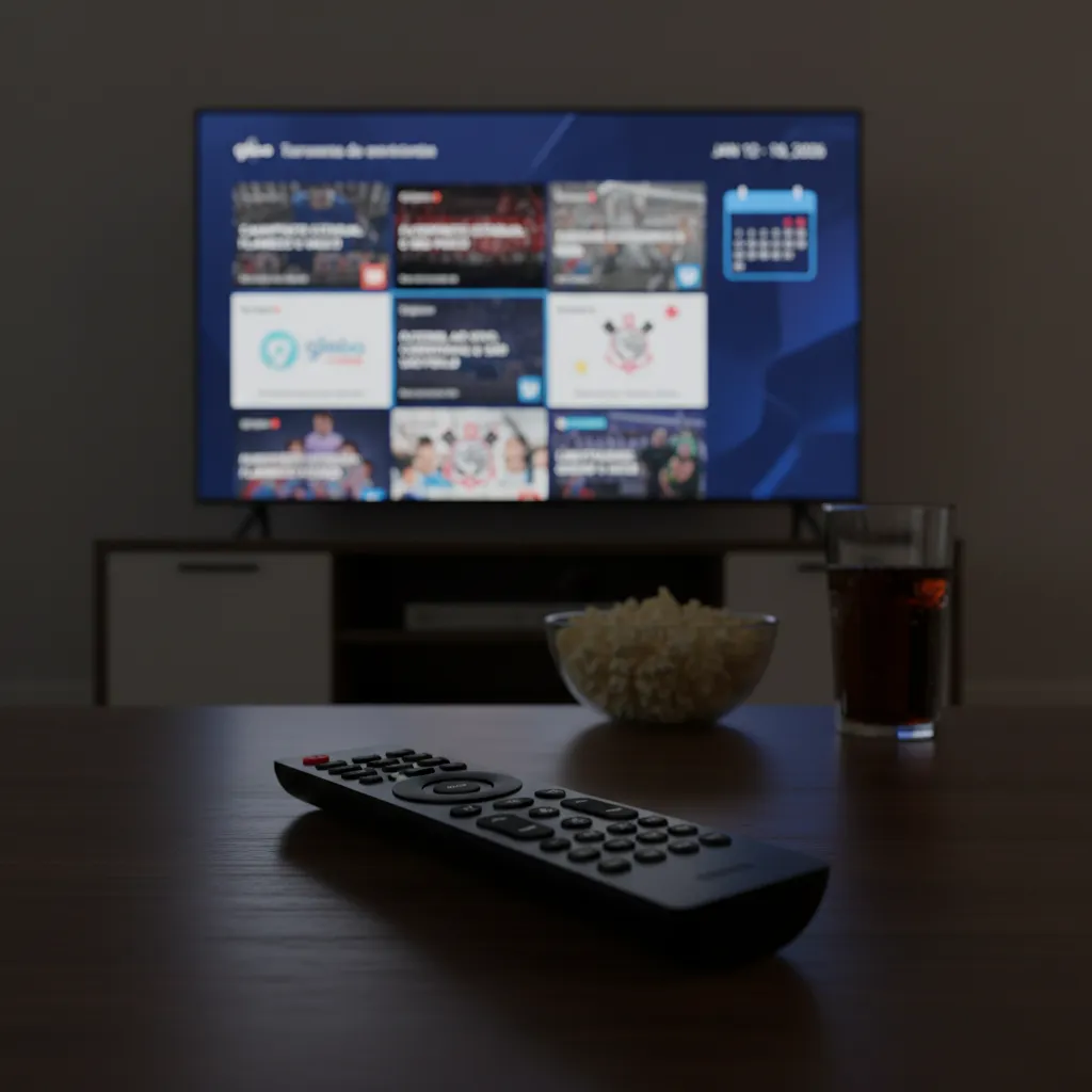 Tela de TV exibindo partida de futebol masculino ao vivo, com jogadores em campo e o logo da Globo. Foco nos campeonatos estaduais.