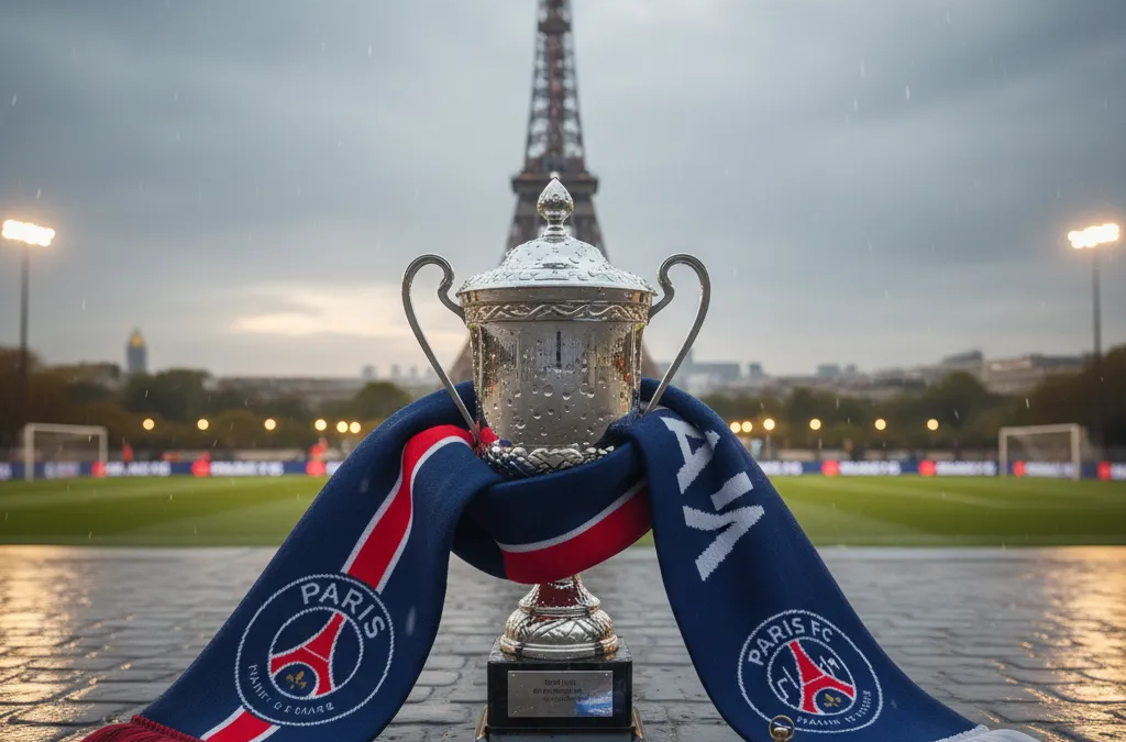 Jogadores do PSG e Paris FC disputam a bola em campo, aquecendo para o clássico da Copa da França.