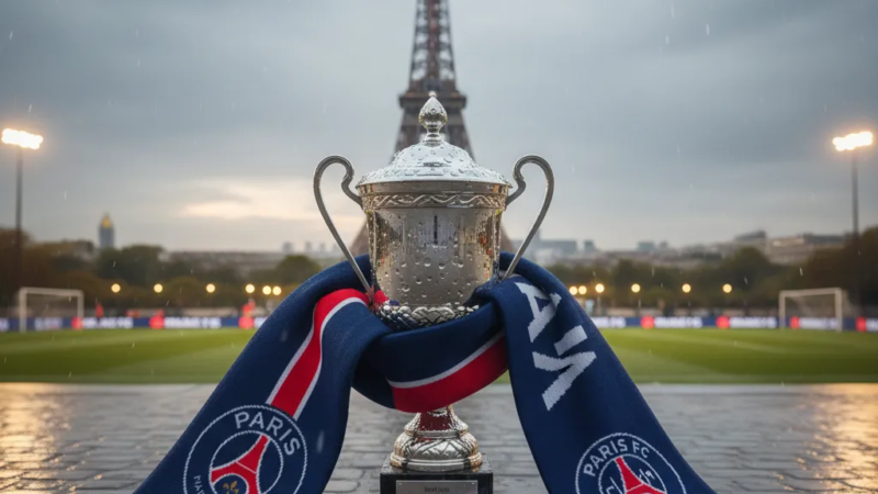 Jogadores do PSG e Paris FC disputam a bola em campo, aquecendo para o clássico da Copa da França.