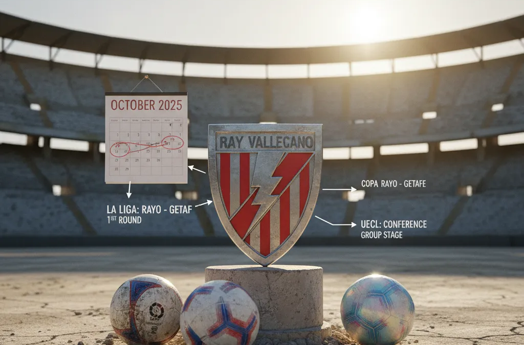 Jogadores do Rayo Vallecano comemorando um gol no Estádio de Vallecas, com a torcida vibrando ao fundo.