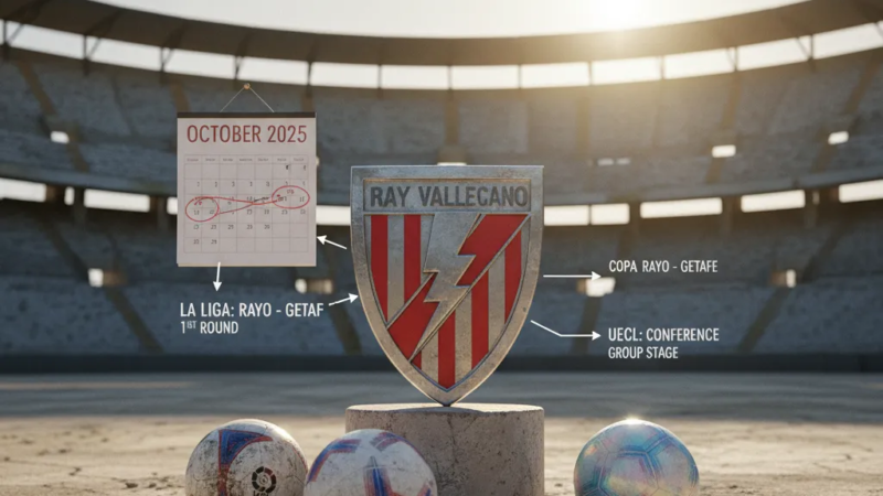 Jogadores do Rayo Vallecano comemorando um gol no Estádio de Vallecas, com a torcida vibrando ao fundo.
