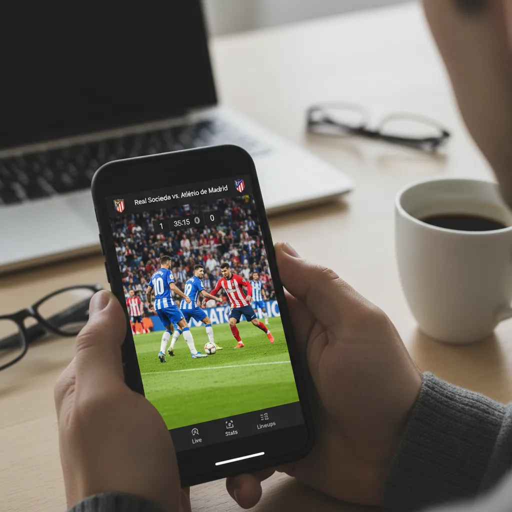 Jogadores do Real Sociedad e Atlético de Madrid em ação no campo, ilustrando o intenso confronto de futebol.