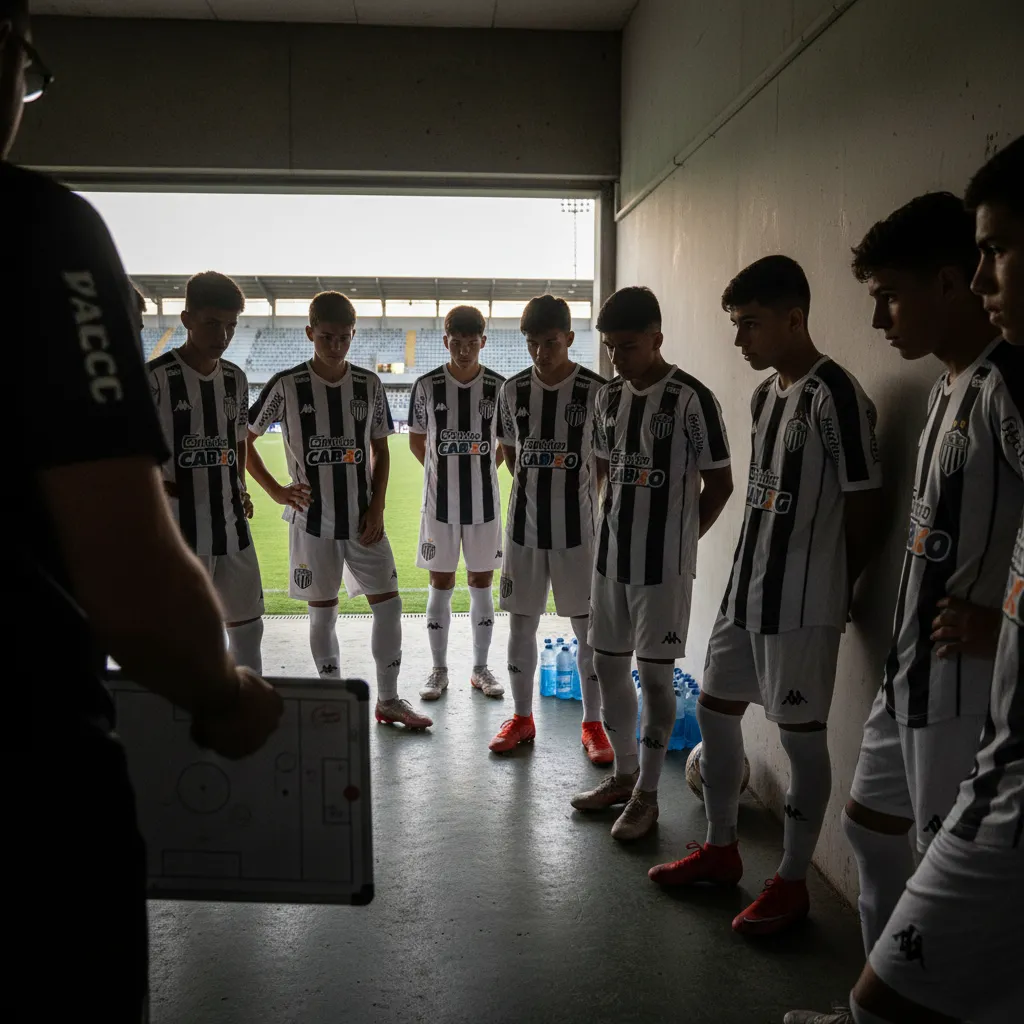 Jovem atleta do Santos FC em campo durante jogo da Copa São Paulo de Futebol Júnior, a Copinha, buscando a vitória.