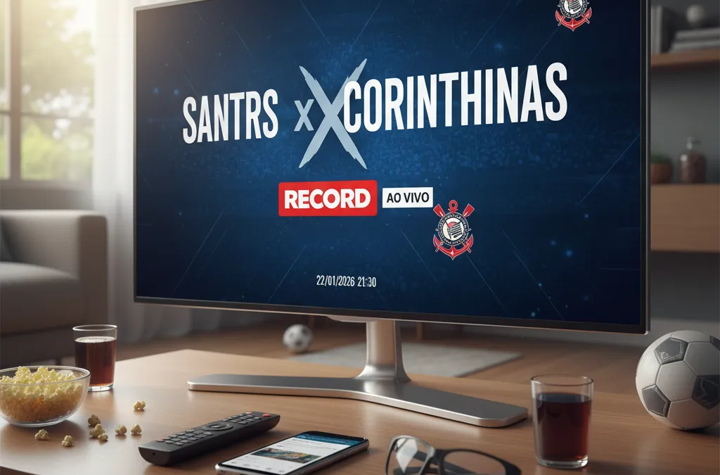 Tela de TV exibindo partida de futebol entre Santos e Corinthians, com o logo da Record TV.