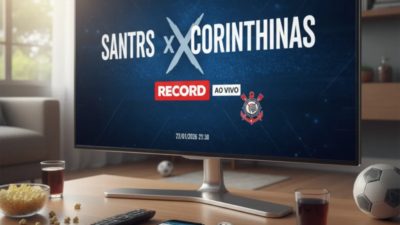 Tela de TV exibindo partida de futebol entre Santos e Corinthians, com o logo da Record TV.