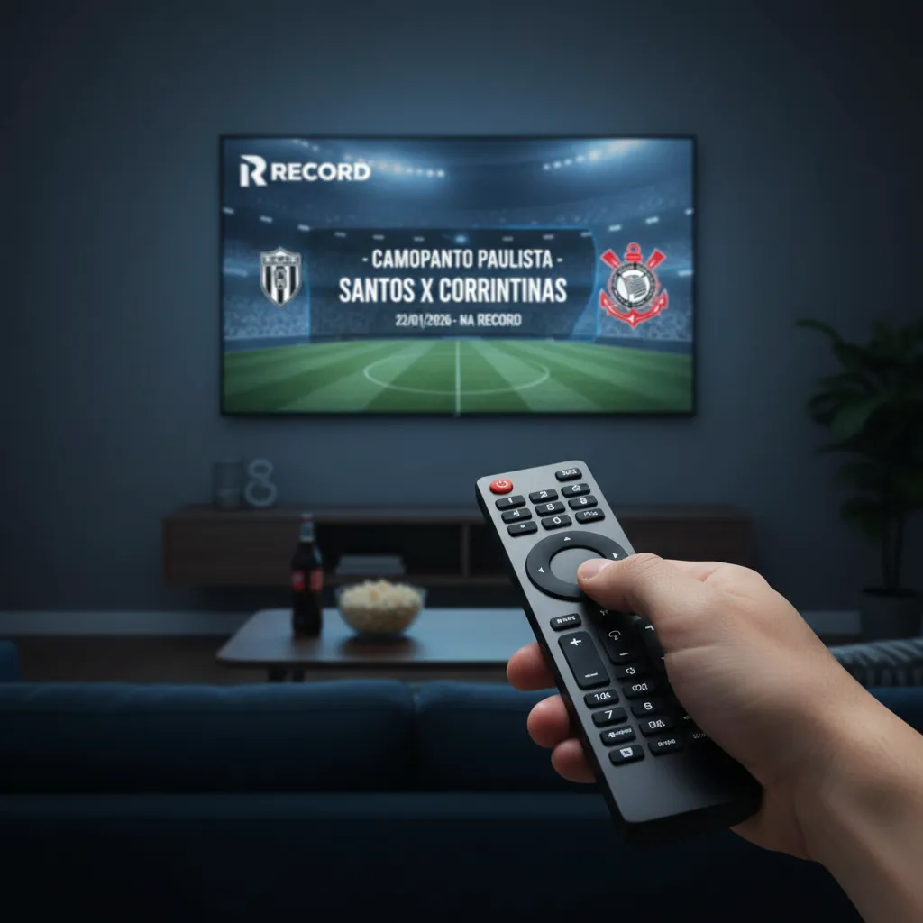 Tela de televisão exibindo jogo de futebol Santos x Corinthians com logo da Record TV. Transmissão ao vivo.