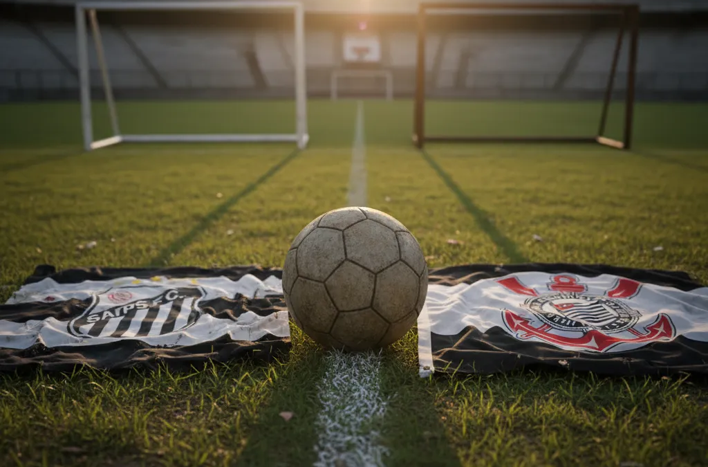 Jogadores de Santos e Corinthians em ação, disputando a bola em campo durante partida do Paulistão.