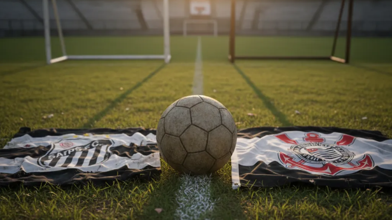 Jogadores de Santos e Corinthians em ação, disputando a bola em campo durante partida do Paulistão.