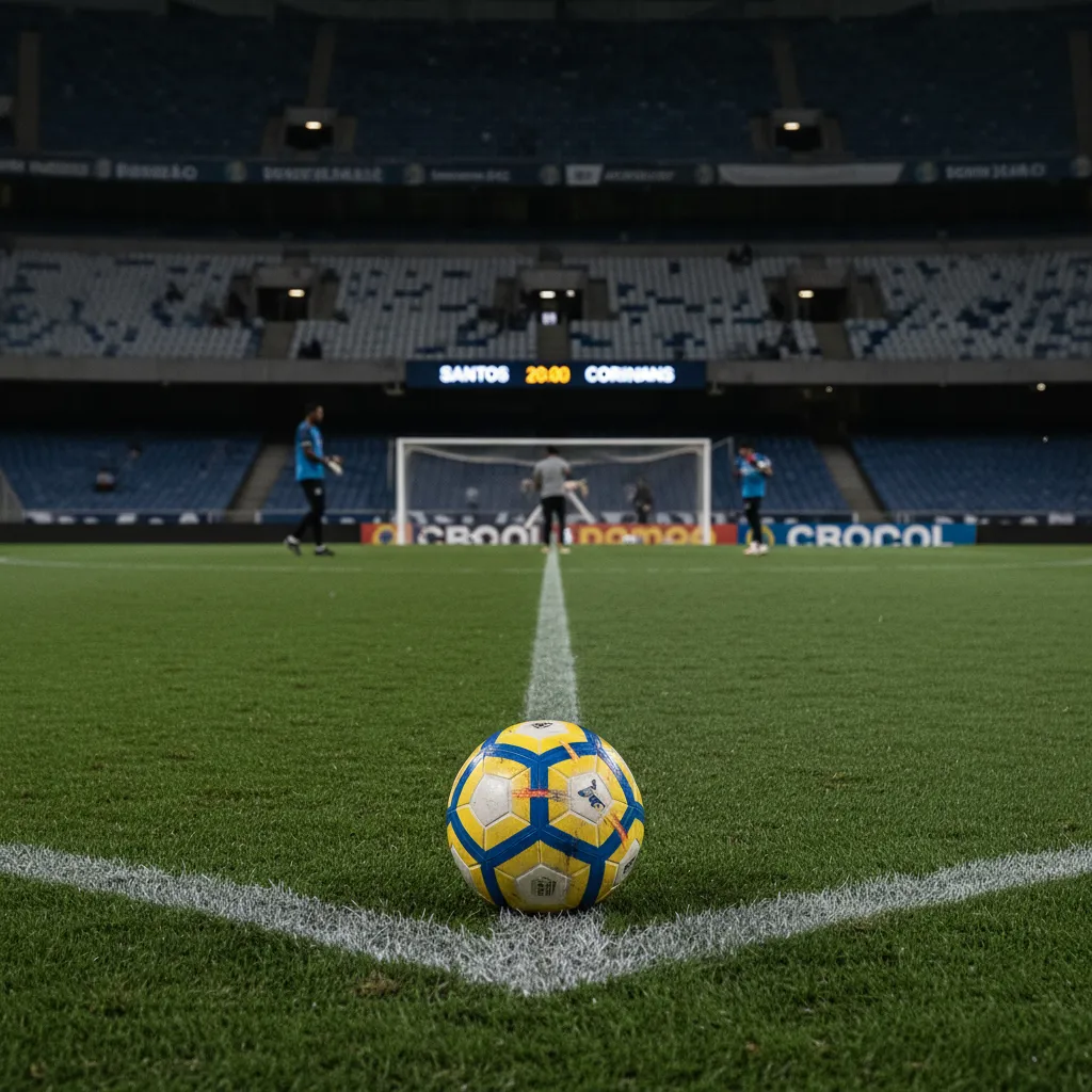 Vista aérea da Vila Belmiro, estádio do Santos, com torcedores e campo de futebol. Palco do clássico Santos x Corinthians.