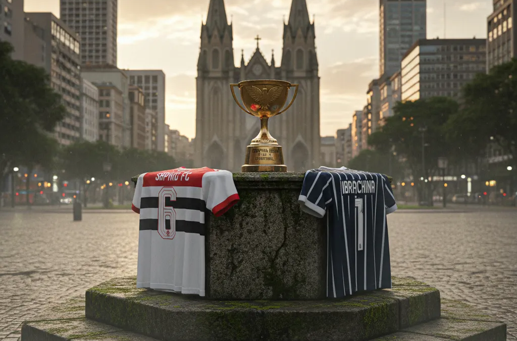 Jogadores do São Paulo e Ibrachina disputam a bola em campo de futebol durante a semifinal da Copinha 2026.