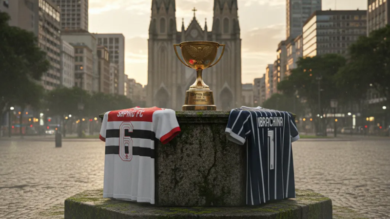 Jogadores do São Paulo e Ibrachina disputam a bola em campo de futebol durante a semifinal da Copinha 2026.