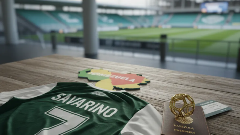 Jefferson Savarino, atacante alvo do Palmeiras, em campo com uniforme de futebol, focado no jogo.