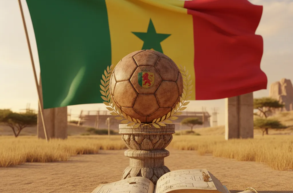 Jogadores da seleção de Senegal (Senegal FC) comemoram um gol, abraçados e sorrindo no campo de futebol.