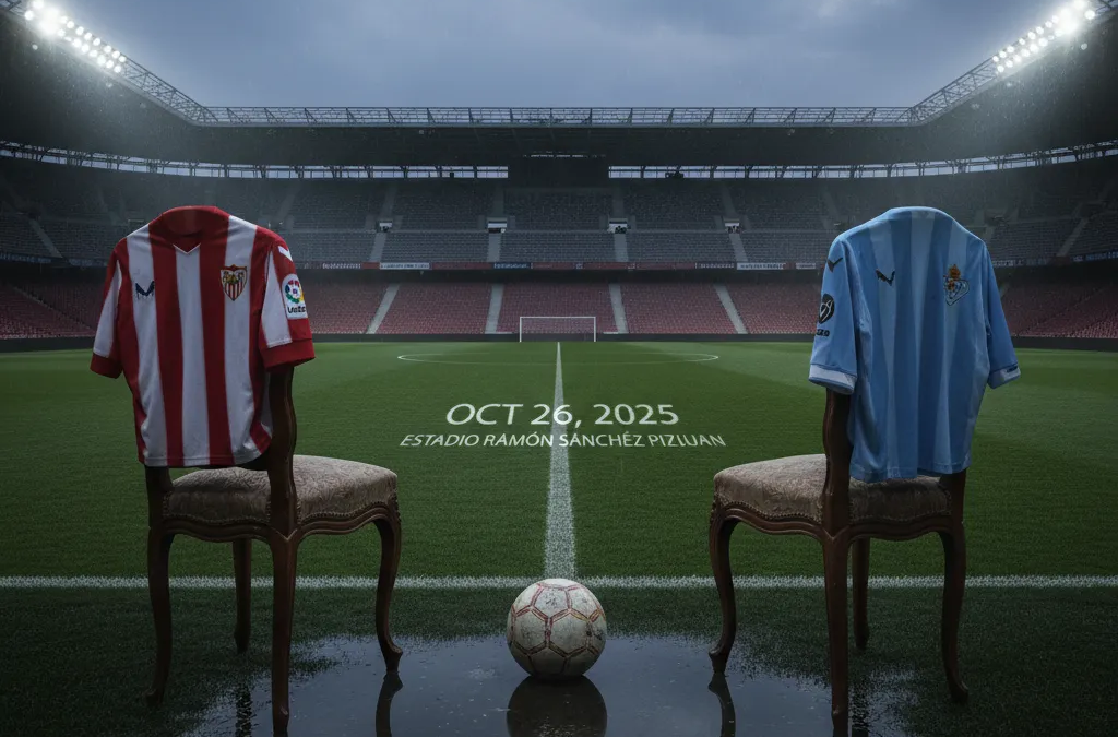 Jogadores do Sevilla e Celta Vigo disputam a bola intensamente no gramado, em partida da La Liga.