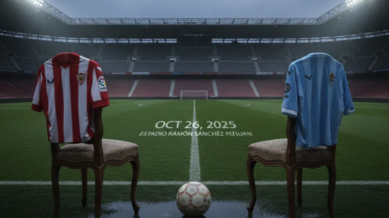 Jogadores do Sevilla e Celta Vigo disputam a bola intensamente no gramado, em partida da La Liga.