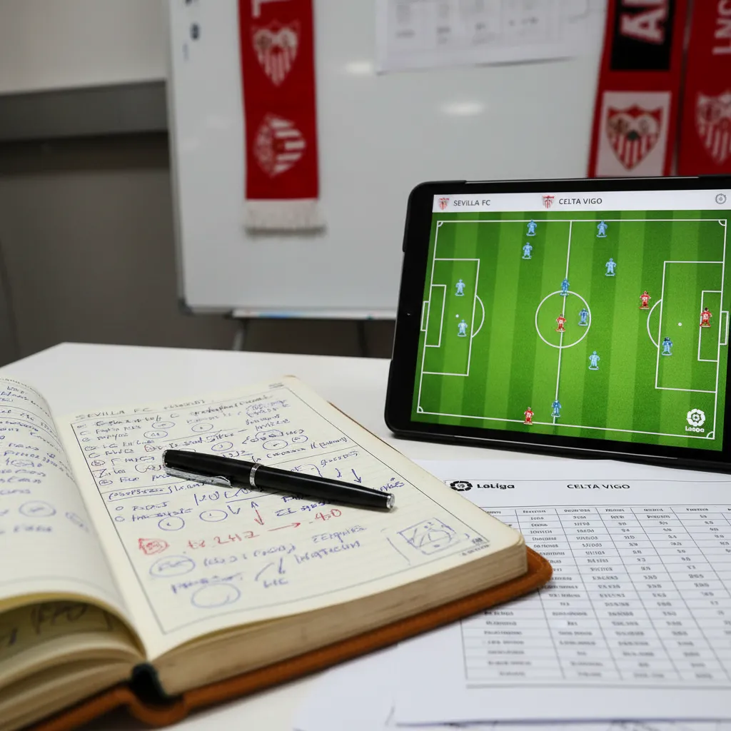 Emblemas do Sevilla FC e Celta de Vigo em um gráfico de futebol, antecipando o jogo da La Liga.