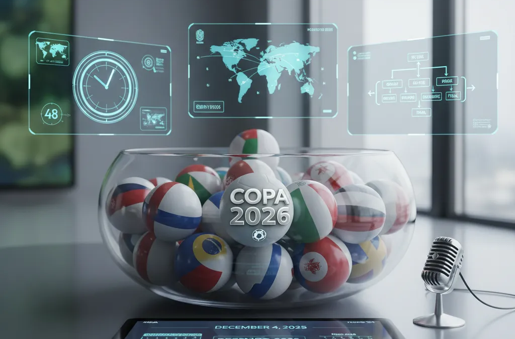 Bola de futebol em pódio com o troféu da Copa do Mundo ao fundo, cenário do Sorteio Copa 2026.