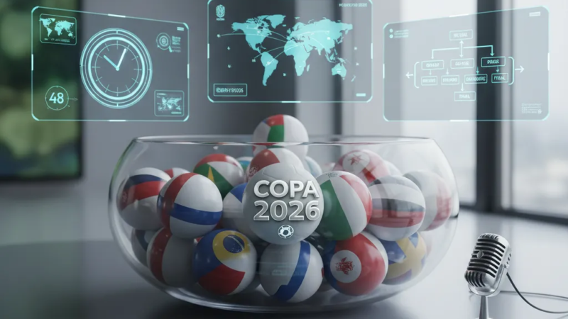 Bola de futebol em pódio com o troféu da Copa do Mundo ao fundo, cenário do Sorteio Copa 2026.