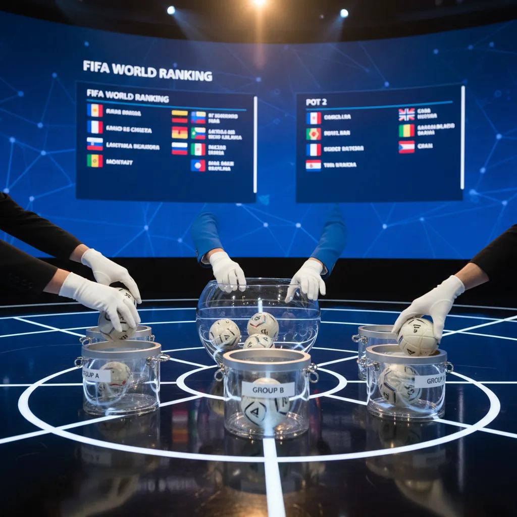 Mão em luva sorteando bola de um pote transparente no palco do Sorteio da Copa do Mundo 2026, com telões exibindo logos de seleções.