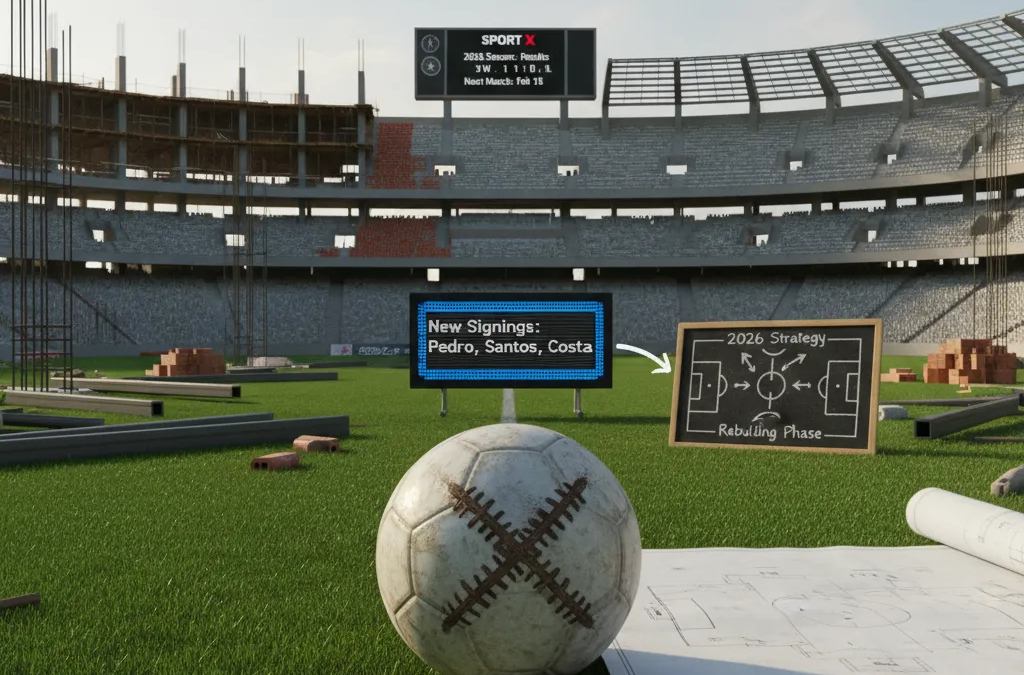 Jogador de futebol em campo, driblando a bola com determinação, simbolizando a reconstrução do esporte em 2026.