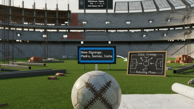 Jogador de futebol em campo, driblando a bola com determinação, simbolizando a reconstrução do esporte em 2026.