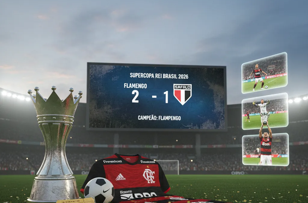 Troféu da Supercopa Rei 2026 em destaque, com escudos de Flamengo e Corinthians ao fundo, simbolizando o confronto.