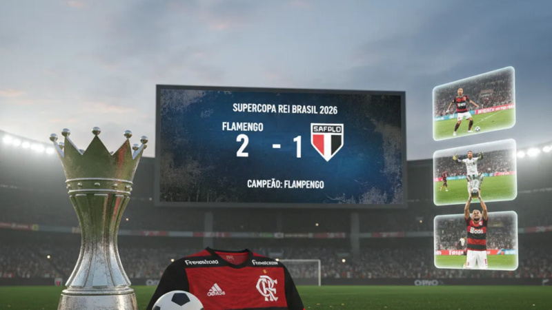 Troféu da Supercopa Rei 2026 em destaque, com escudos de Flamengo e Corinthians ao fundo, simbolizando o confronto.