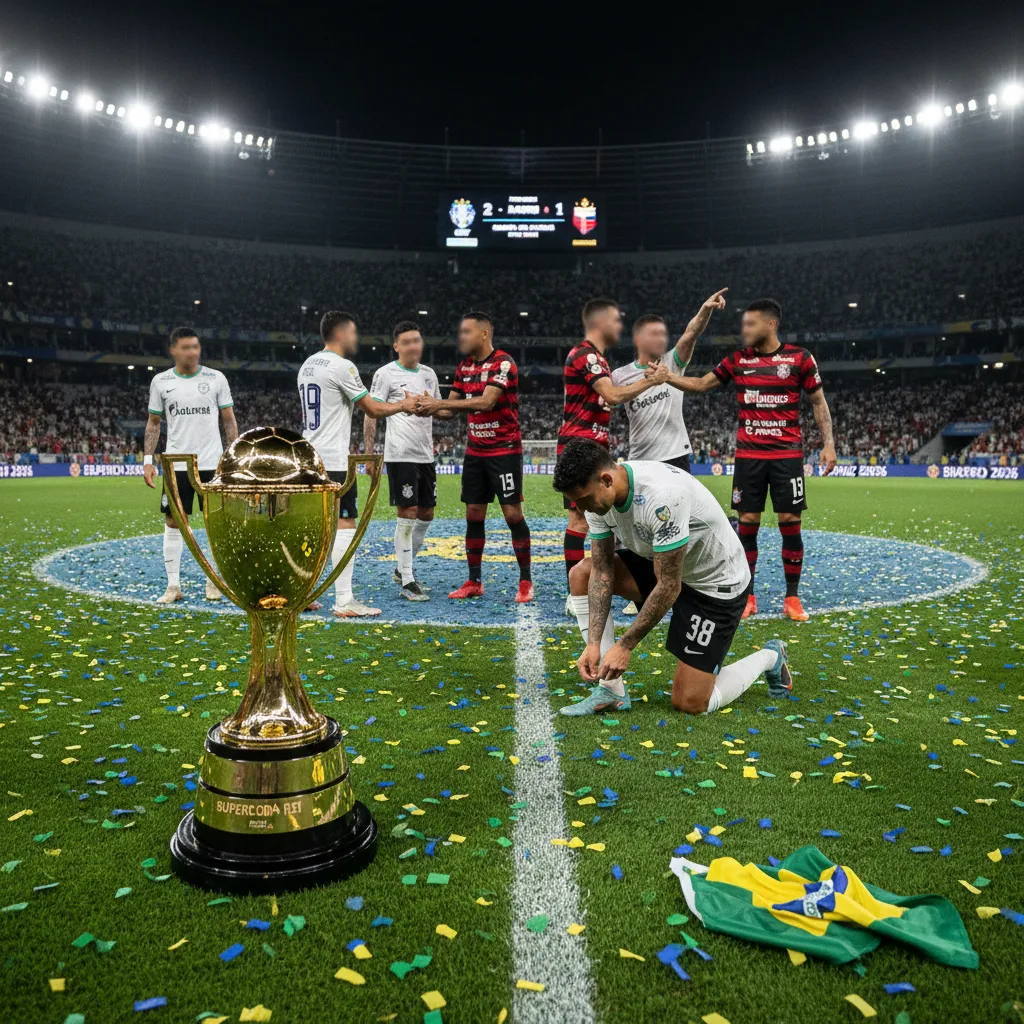 Jogadores de futebol celebram a conquista da Supercopa Rei Brasil 2026, erguendo o troféu em campo após a vitória.
