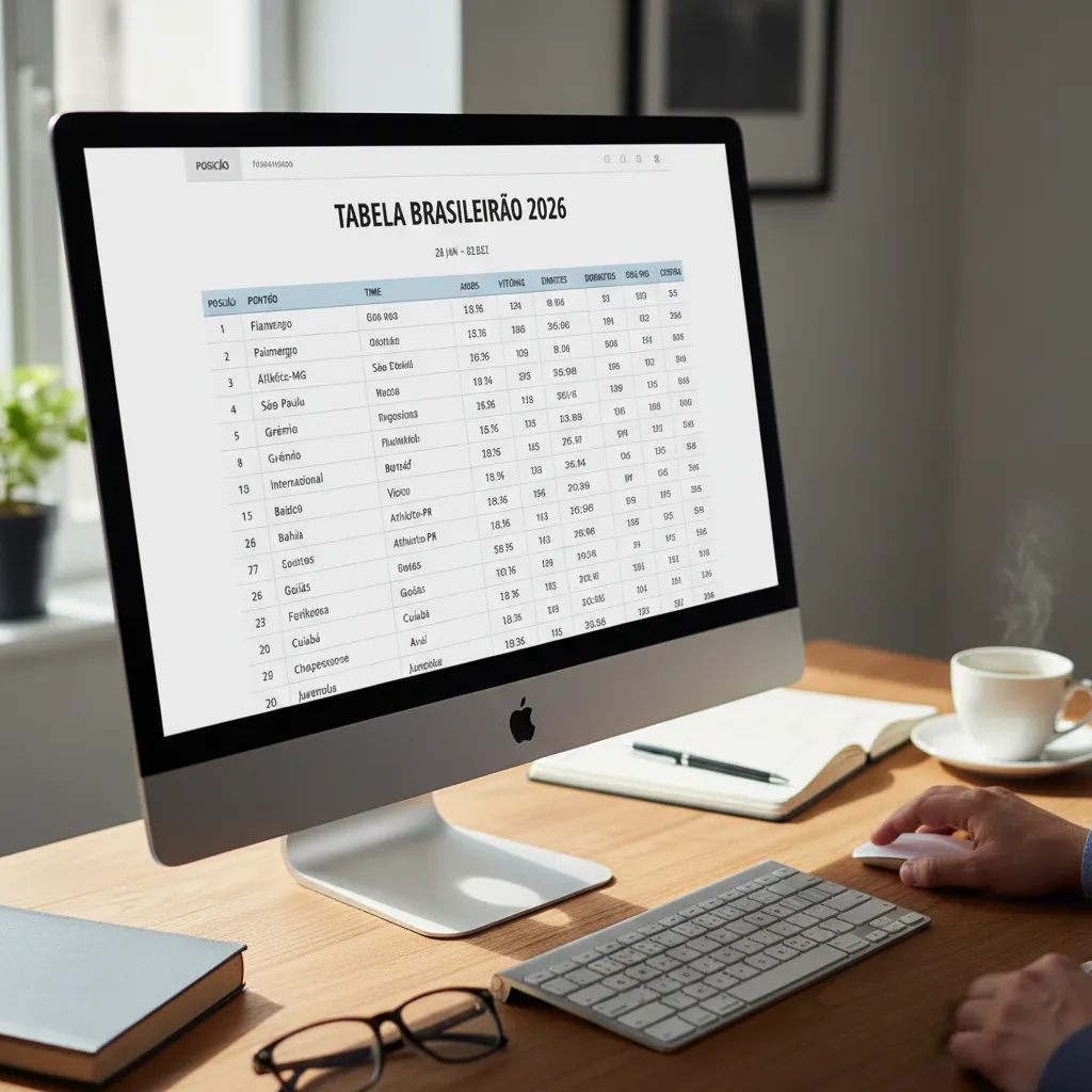 Imagem da tabela de classificação do Brasileirão, mostrando posições, times e pontuação atualizada do campeonato.