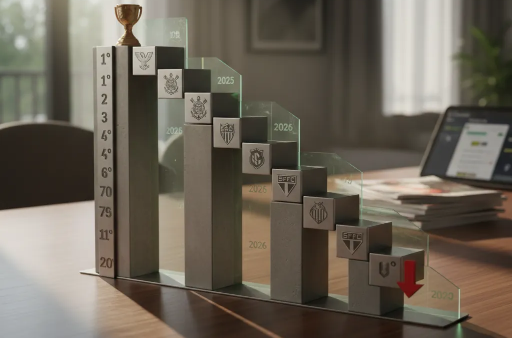 Gráfico da tabela do Brasileirão Série A 2026 mostrando classificação de times e pontuações, com troféu.