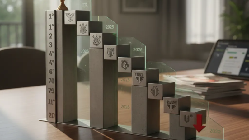 Gráfico da tabela do Brasileirão Série A 2026 mostrando classificação de times e pontuações, com troféu.