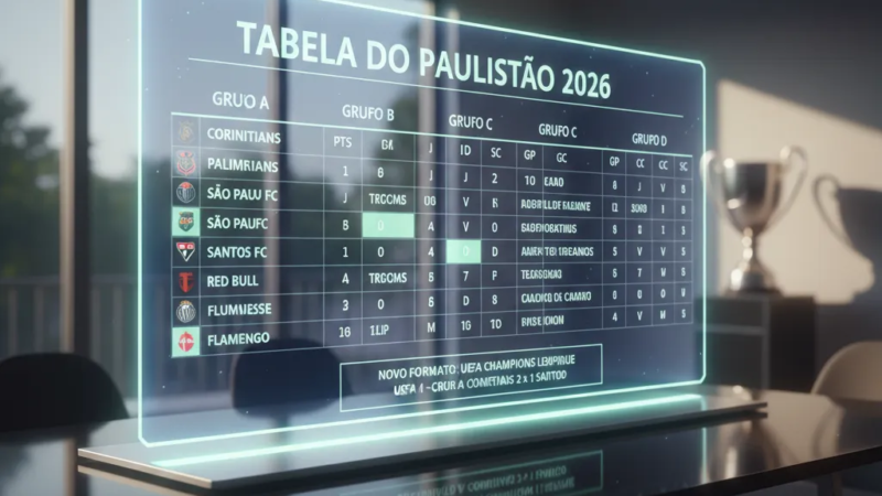 Tabela do Paulistão 2026 exibindo classificação de times, pontos e próximos jogos, sobreposto a um estádio iluminado.