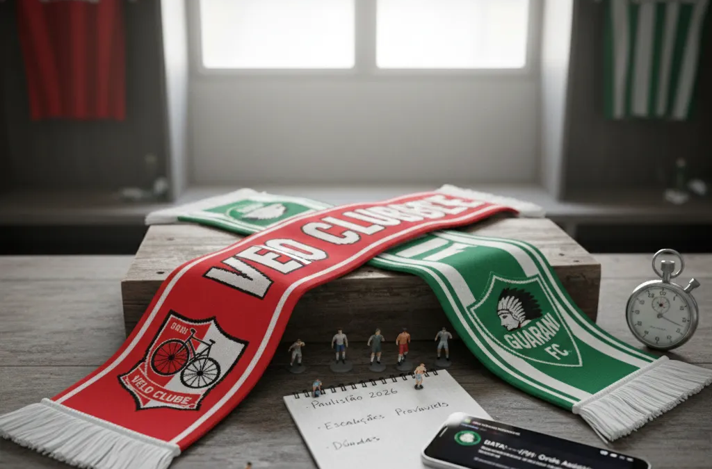 Jogador do Velo Clube com camisa vermelha dribla adversário do Guarani em campo de futebol durante partida.