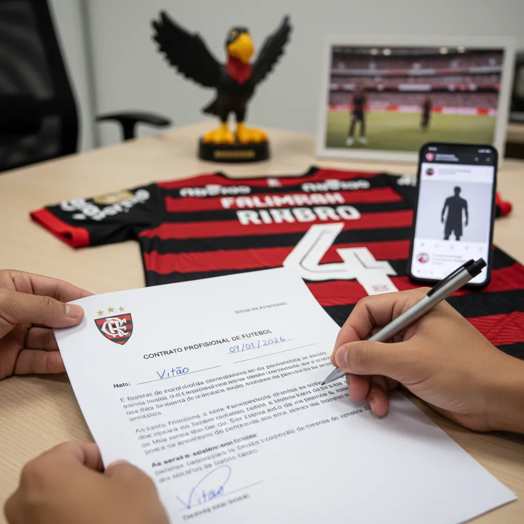 Vitão, o novo jogador do Flamengo, veste a camisa rubro-negra e sorri após sua oficialização no clube.