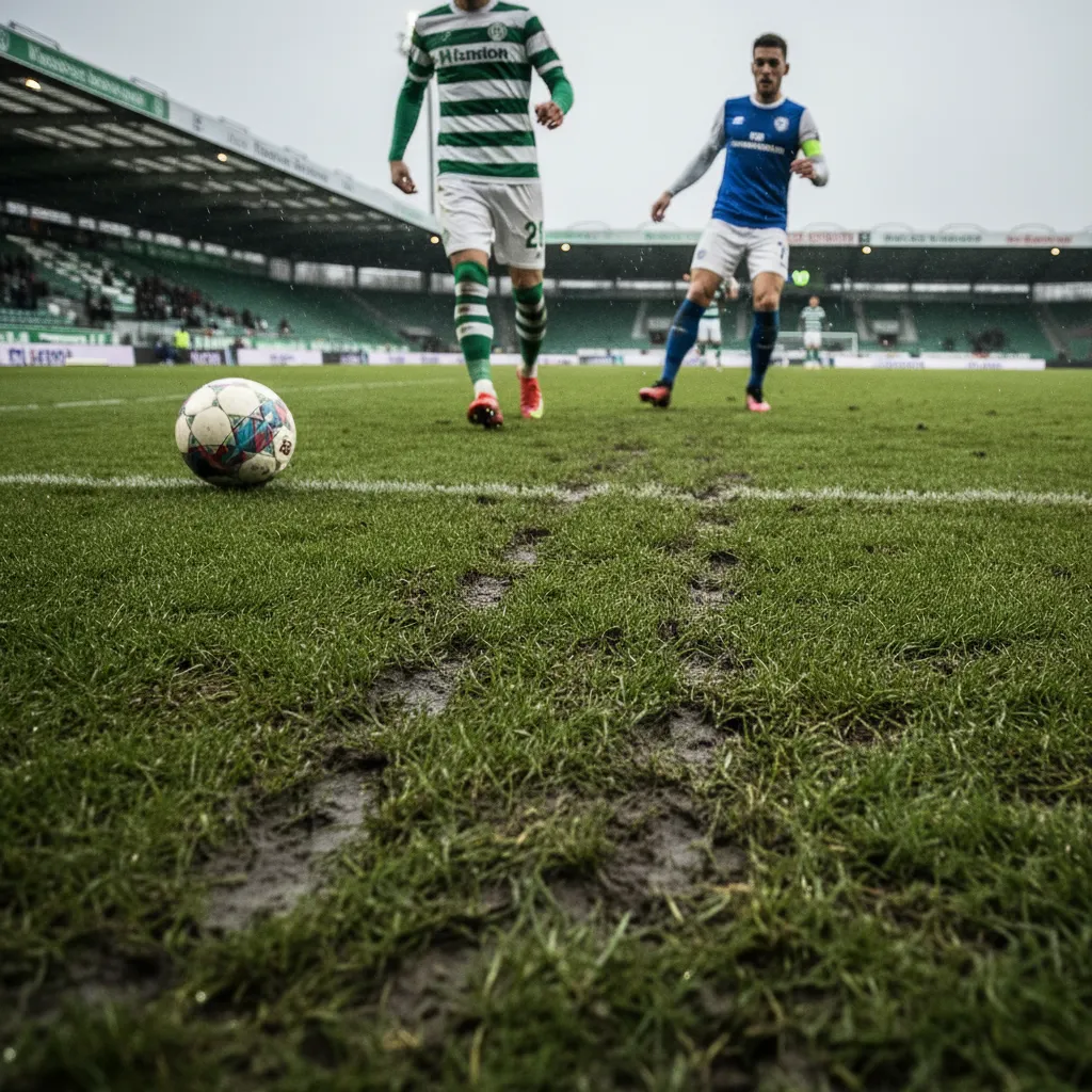 Jogadores do Werder Bremen (verde) e Hoffenheim (azul) em ação, disputando a bola durante um jogo no Weserstadion.