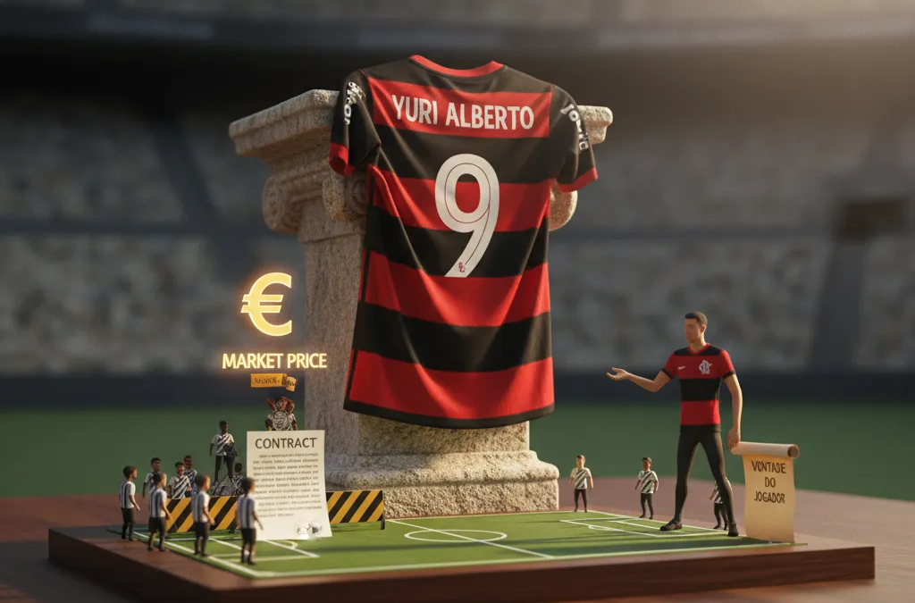 Yuri Alberto, atacante do Flamengo, em campo com a camisa rubro-negra, focado na jogada.