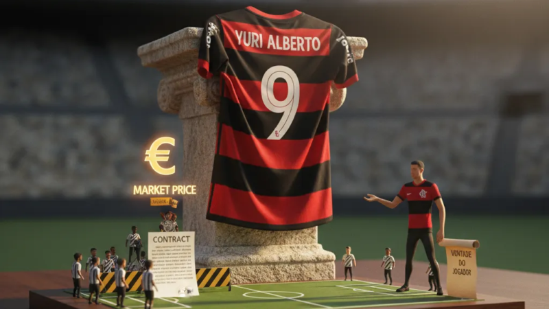 Yuri Alberto, atacante do Flamengo, em campo com a camisa rubro-negra, focado na jogada.