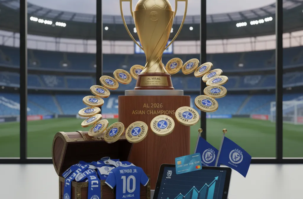 Jogadores do Al Hilal celebram erguendo o troféu de campeão asiático no estádio, em meio a confetes azuis.