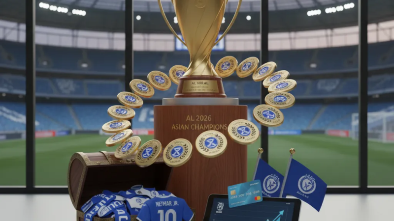 Jogadores do Al Hilal celebram erguendo o troféu de campeão asiático no estádio, em meio a confetes azuis.