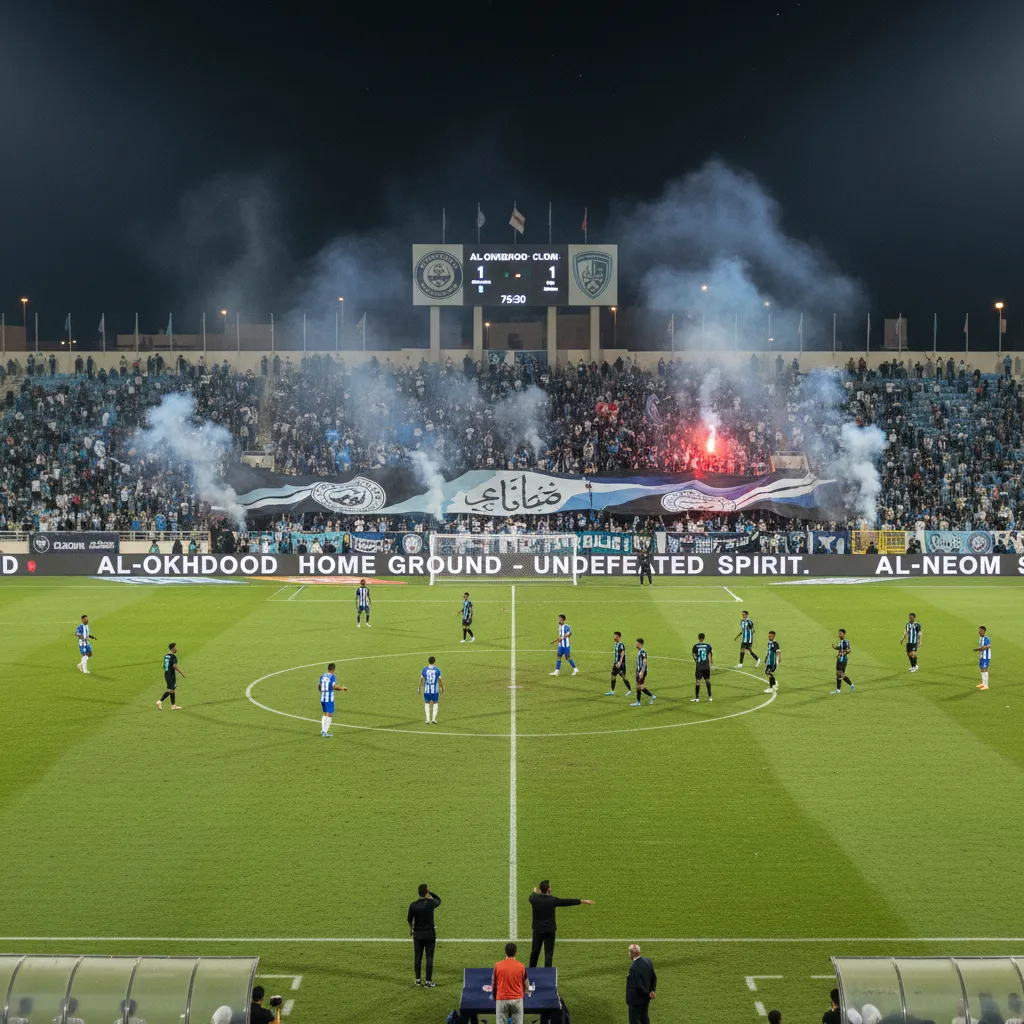 Logos do Al-Okhdood Club e Neom SC lado a lado, simbolizando a rivalidade no futebol saudita.
