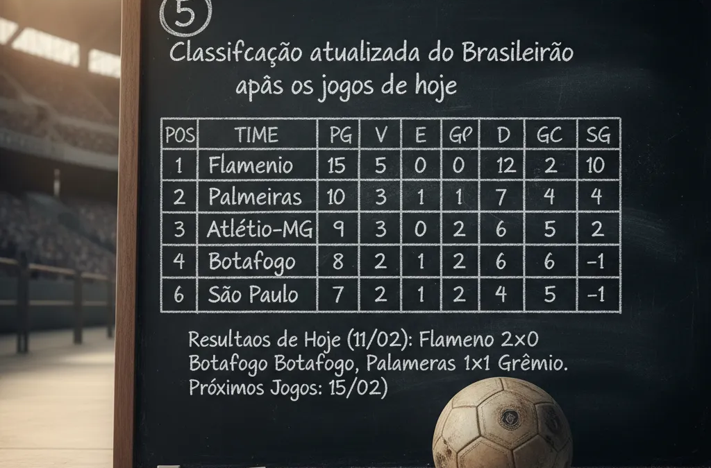 Tabela digital com a classificação atualizada do Brasileirão 2026, mostrando times, pontos e posições.